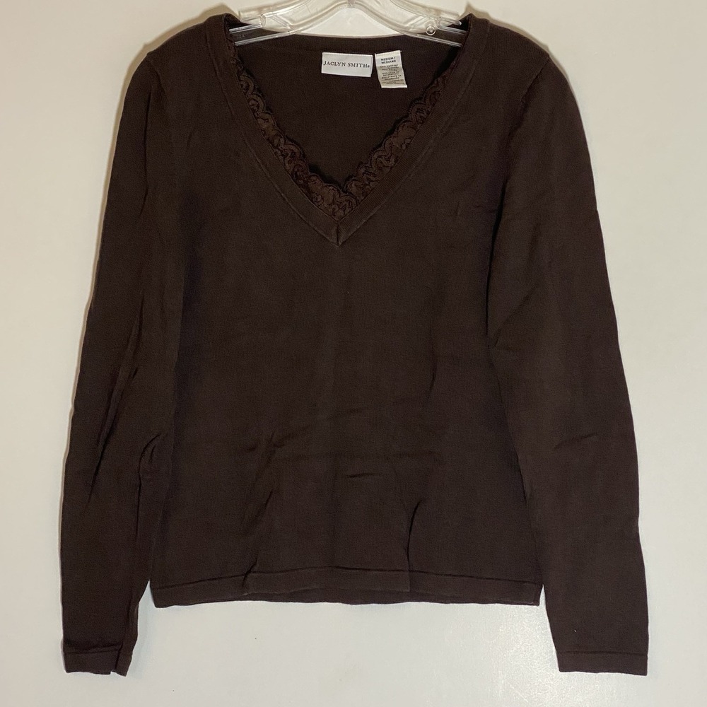 Jaclyn Smith Sweater Womens Medium Brown Cotton Blend V Neck Crochet Knit Top M